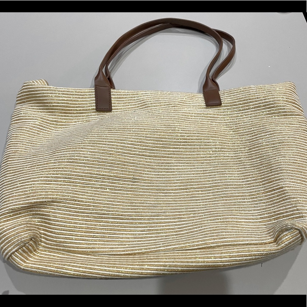 Gold & White Swim Bag brown straps interior pocket